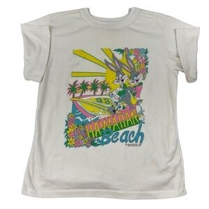 Vintage 1988 Bugs Bunny T-Shirt Girls Sz 14 White Cartoon Hawaii Beach Graphic